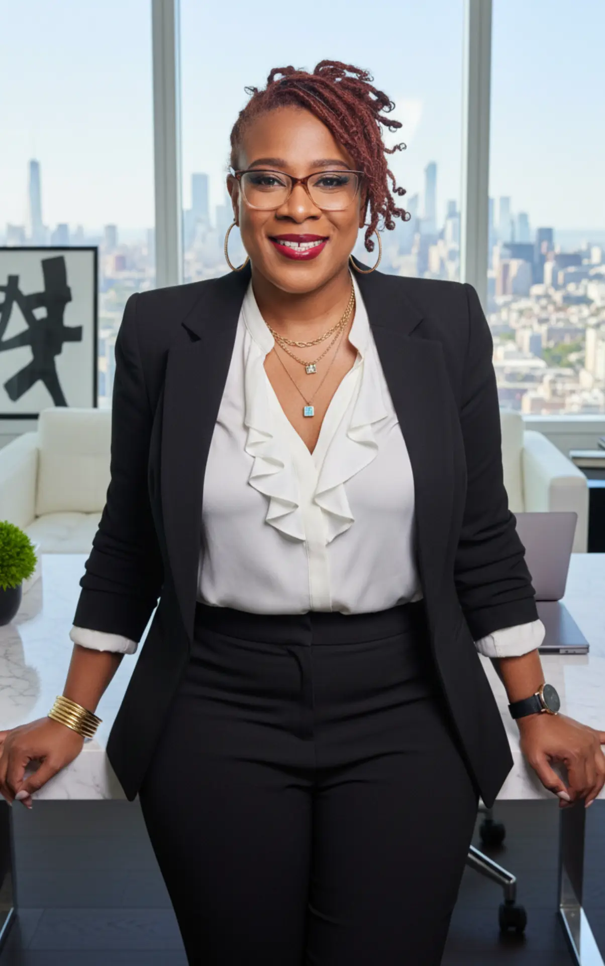 Kreda McCullough standing in a black suit in a modern office